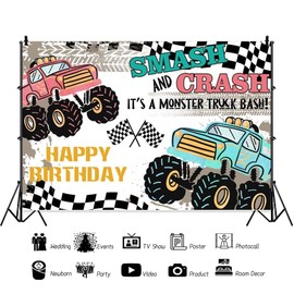 Birthday Backdrops for Boys Racer Monster Truck Bash Photography Background Smash and Crash Racing Decorations for Children Birthday Party Portrait Photo Studio Props Vinyl 7x5ft