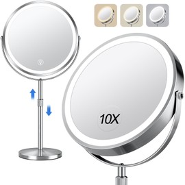 10x Large Lighted Makeup Mirror, Rechargeable 8" Height Adjustable Vanity Mirror, 1x/10x Magnifying Mirror with 3 Color, Brightness Adjustable, 360° Rotation Double Sided Mirror, Gift for Her(Nickel)