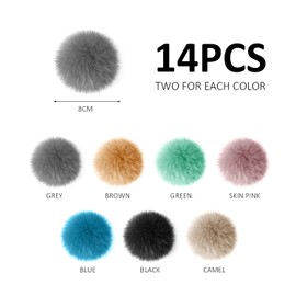 14 Pieces of Artificial Fur Pom Pom Ball with Rubber Band, Artificial Fox Fur, DIY Fluffy Fur Ball Hat, Keychain, School Bag, Headdress Accessories (7 Colors, 2 for Each Color)
