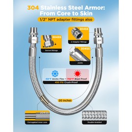 HOTYELL 1/2 Inch NPT Male Compressor Jumper Hose 20", 750°F/450 PSI Full Body 304 Stainless Steel Double Layers Air Hose with 360° Swivel Fittings (1/2'' NPT x 20" Length)