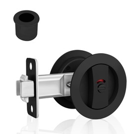 KIDOACOW Round Pocket Door Lock and Edge Pull, Privacy Pocket Door Latch with Color Coded Indicators, Matte Black Flush Pocket Door Hardware Fits 1-1/4" ~ 2-1/5" Door Thickness, 2-3/8" Backset