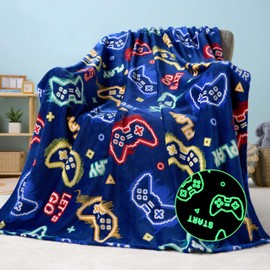 Joiedomi Glow in The Dark Blanket - Gaming Dark Blue Gifts Toys for Girls Age 2 3 4 5 6 7 8 9 10 11 12 Year Old - Soft Cozy Flannel Kids Throw Blanket, Birthday Bedroom Decor 50"×60"