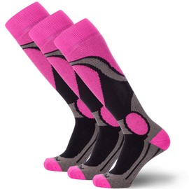 Pure Athlete Elite Ski Socks – Lightweight Merino Wool Warm Skiing Sock for Men and Women (3 Pairs - Black/Neon Pink, Small)