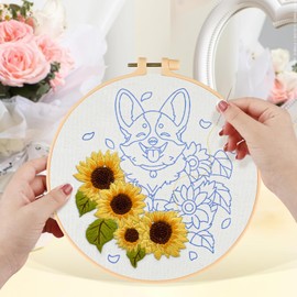 Full Rang Puppy Embroidery Starter Kit for Beginner with Mushroom Pattern, Stamped Cross Stitch Starter Kit for Adults, DIY Art Needlepoint Embroidery Kit with Instruction, Needle and Threads (yellow)