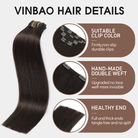 VINBAO Clip in Hair Extensions Real Human Hair, 14inch 140g Thick Human Hair Clip in Extensions Straight Human Hair Clip ins Double Weft Dark Brown Hair Extensions Clip in 7pcs (#7C2, 14'')