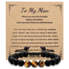 FUNTE Natural Stone Bracelets for Men - 8mm Tiger Eye Lava Rock Bracelets for Men black beaded Bracelets Christmas Gifts for Men Teen Boys Gifts Birthday Gifts for Him