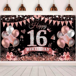 Yontree Happy 16th Birthday Banner 180 * 110cm Black Rose Happy 16th Birthday Banner Backdrop 16th Birthday Decorations for Girls Women, 16 Years Old Birthday Anniversary Party Supplies