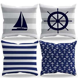 Navigation Sailboat Boat Helm Lighthouse Boat Anchor Throw Pillow Cover Pillowcase Farmhouse Navigation Theme 18x18 Inch Set of 4 Decor for Home Bedroom Bathroom Guest Room Hotel Gifts for Sea Lover