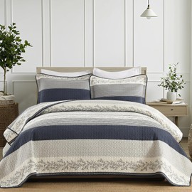 SOElinens Striped Quilt King Size - Navy White Quilt Set with Matching Shams, Vintage Vine Design Farmhouse Bedding Bedspread, 3 Pieces 100% Cotton Lightweight Coverlet Home Decor for All Season