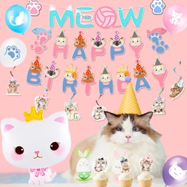 Cat Birthday Party Supplies - 116pcs Decorations and Tableware Set With Balloons, Banner, Plates, Cups, Napkins, Tablecloth for Cat Themed Celebration