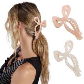 Hebterrka Elegant Bow Hair Claws Stylish Large Hair Claws for Thin and Thick Hair | Chic Hair Styling Accessories for Women (Beige/Pink)