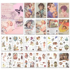 NOGAMOGA Vintage Journaling Stickers, Scrapbooking Accessories, Junk Journal Album Sticker, Set of 20 Sheets, 15.0 cm × 10.5 cm - Pink (Retro Girl)