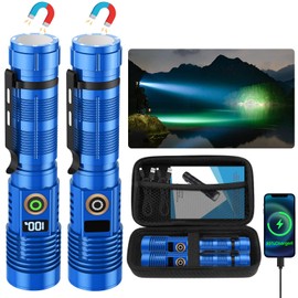 Rechargeable Flashlight High Lumens-12000LM Super Bright Magnetic Flash Light with Power Digital Display,3280Ft Long Range,Dimmable,Waterproof,Pocket LED Flashlights for Emergency Camping 2PC Blue