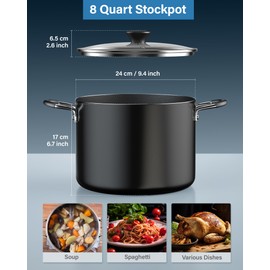 Cook N Home Nonstick Stockpot with Lid 8-QT, Professional Deep Cooking Pot Canning Cookware Stock Pot with Glass Lid, Black