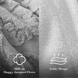 Amélie Home Sherpa Throw Blanket for Couch, Damask 3D Jacquard Pattern and Soft Teddy Sherpa Reverse, Decorative Fleece Thick Warm Blanket for Sofa Bed, Grey, 60"x 80"