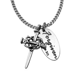 Nail Cross Crown of Thorns Pewter Antique Silver Metal Finish with Forgiven Tag Necklace On Chain