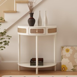 Wnutrees Rattan Half Moon Console Table, Modern Entryway Table with Drawer, Boho Sofa Table with Bottom Storage Shelf, Small Semicircular Tables for Hallway, Living Room, White
