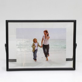 LEEMASING Floating Photo Frame Metal Glass Tabletop Desk Display for Valentine's Day Wedding Home or Office Fits 8x6 Photo (Black, 8x6 inch)