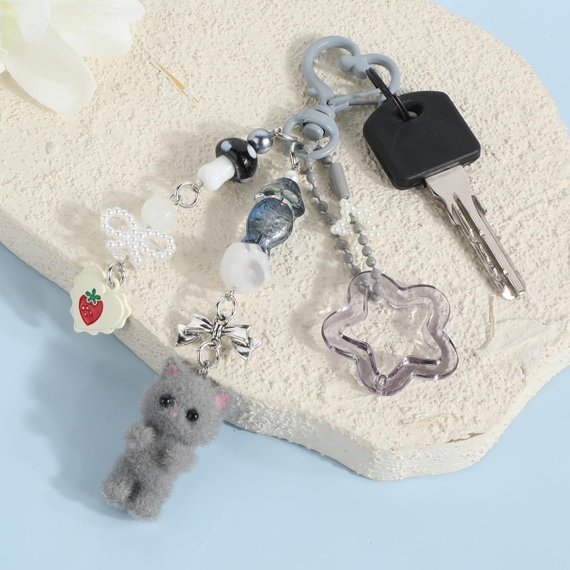 Fuzzy Cat Keychain Cute Cat Keychain Aesthetic Y2K Heart Bow