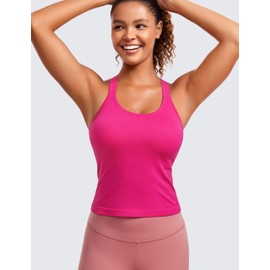 CRZ YOGA Seamless Ribbed Womens Tank Top Racerback Camisoles with Built in Bra Padded Scoop Neck Athletic Workout Slim Tanks Granita Pink Small