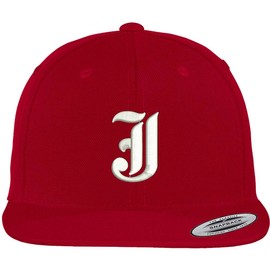 Trendy Apparel Shop Old English J Embroidered Flat Bill Snapback Cap - Red