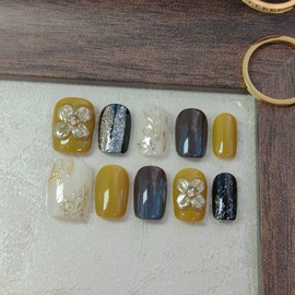 Short Square Press on Nails 3D Flower False Nails with Designs, Glitter Fake Nails Handmade Reusable Manicure Kit (Ginger#Large)