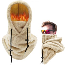 LINSOCLE Plush Balaclava Winter Scarf Hat for Men and Women, Thermal Balaclava Fleece Balaclava Hood Scarf with Hood, Ski Mask, Motorcycle Mask for Cycling, Skiing, Windproof Neck Warmer, khaki