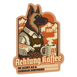 Die Cut Sticker German Shepherd, Retro Coffee Ad, Contour Vinyl Sticker 1 to 3 inches (Waterproof Decal for Cars, Water Bottles, Laptops, Coolers), Small