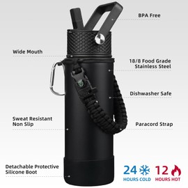 BJPKPK Insulated Water Bottle with Straw Lid, 22oz Thermal Flasks Water Bottles with 3 Lids, Paracord Handle & Non-slip Boot, BPA Free Leak Proof Stainless Steel Tumblers, Cups,Black