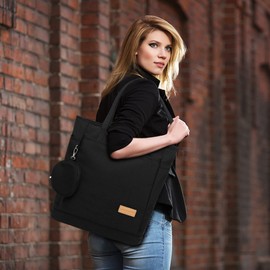 JANSBEN Women's Shopper Bag with Change Purse, Canvas Shoulder Bag with Zip, Large Handbag Fabric Shopping Toto Bag for Work and School on the Go, black, Shopper