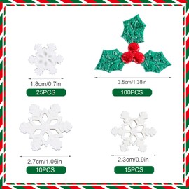 150pcs Miniature Christmas Decorations, Including 100 Tiny Holly Leaves Berries & 50 Small Snowflake Ornaments Mini Vase Filler Xmas Party Supplies Embellishment Buttons for Xmas Tree DIY Craft Decor