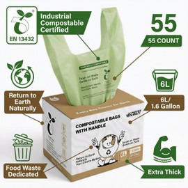 UFCOELPT 1.6 Gallon Compostable Food Scrap Bags with Handles, Small Biodegradable Countertop Bin Liners, 55 Pack(10% Extra) Compost Bags for Kitchen, 6 Liter, Seeding Compost Certified