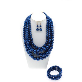iSPECIAL Colorful Faux Pearl Jewelry Set for Women Layered Chunky Necklace, Earrings, and Bracelet Fashion Costume Jewelry Set (Navy Blue pearl necklace set)