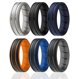 ROQ Silicone Rubber Wedding Ring for Men, Comfort Fit, Men's Wedding Band, 8mm Wide 2mm Thick, 2 Thin Lines Beveled Edge Duo, 6 Pack, Silver, Black, Dark Blue, Orange, Light Blue, Grey, Size 8