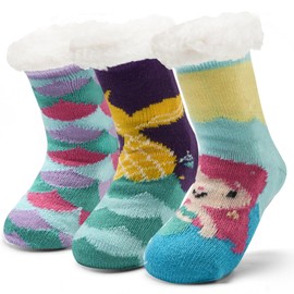 Moon Tree Girls Fuzzy Socks - Winter Warm Thick Thermal Fleece Lined Fluffy Socks for Kids Girls - 3 Pack Cartoon Mermaids - 4-7 Years