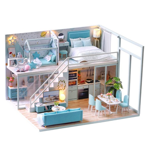 TuKIIE DIY Miniature Dollhouse Kit with Furniture, 1:24 Scale Creative Room Mini Wooden Doll House Accessories Plus Dust Proof & Music Movement for Kids Teens Adults(Poetic Life)