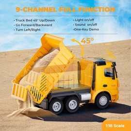 SHOMOTE RC Dump Truck Toy for Boys -2.4Ghz Remote Control Construction Vehicle, 9-Channel Dump Truck with Lights, Sound, 45° Up and Down Truck Bed, 2×600mAh, Gift for Boys 3-5 4-7 8-12