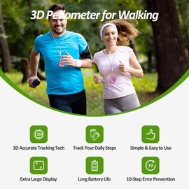 3D Pedometer for Walking, Simple Step Counter for Walking with Removable Clip and Lanyard, Accurate Pedometers for Steps, Step Tracker with Large Display for Men Women and Kids (Pink)