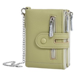 GOIACII Small Women's Wallet Bifold Card Holder with 2 Zipper Coin Pockets Chain Wallet for Women Soft Leather Light Green