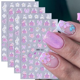 4 Sheets Flower Nail Stickers for Nail Art Embossed Floral Butterfly Nail Decals 5D Self-Adhesive Heart Butterfly Nail Design Decals Pink White Flowers Nail Art Stickers for Women Girls Nail Decor