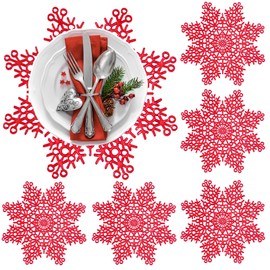 Snowflake Place Mats Set of 6, PVC Christmas Place Mats Decorations Snowflake Placemats Hollow Design Round Place Mats Dining Table Setting Kitchen Placemats for Christmas Wedding (Red)