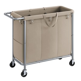 SONGMICS Laundry Basket with Wheels, 3-Section Rolling Laundry Hamper, 52.8 Gallons (200 L), Removable Liner, Steel Frame with Handle, 35.8 x 15.4 x 31.9 Inches, Camel Brown URLS005N01