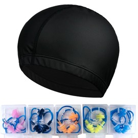 Augsion Swim Cap, Swimming Cap, Pool Hat, Loose Size, Solid Color Swim Cap for Men and Women (Earplugs, Nose Grip Set with Storage Case) (Black)