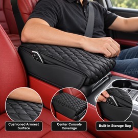 PU Leather Car Armrest Pad for Center Console – Quilted Cushion with Side Storage Pocket for Everyday Driving