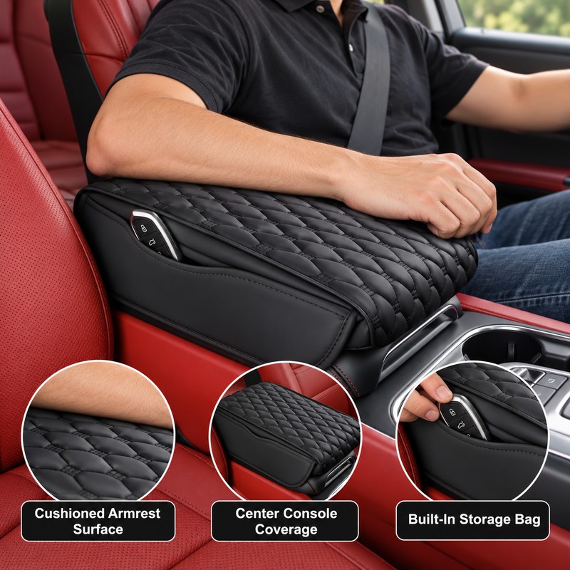 PU Leather Car Armrest Pad for Center Console – Quilted