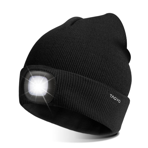 TAGVO LED Hat Cap USB Rechargeable Lighting and Flashing Warning Types 8 LED Easy Installation Quick Use Headlight Hat Unisex Winter Warmer Knitted Cap - Black/Grey, black
