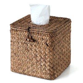 S310 Tissue Box Cover Square, Woven Tissue Box Holder with Lid, Farmhouse Seagrass Tissue Box Decorative Facial Cube Tissue Cover for Bathroom Office Table, Brown