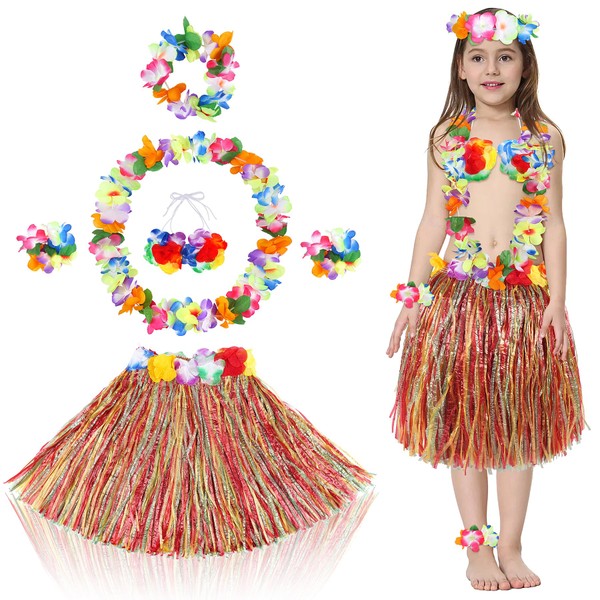 Fortuning's JDS 40cm Girl's Hawaiian Grass Skirt with Flowers Costume