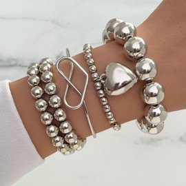 Layered Silver Bracelets for Women Silver Beaded Bracelets Stackable Silver Bracelets Silver Charm Bracelets Trendy Chunky Silver Jewelry Gifts for Girls