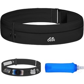 Cangurera para Correr con Botella de Agua 300ml - Tallas Ajustables Cangurera Deportiva, Impermeable Riñonera para Correr, Gimnasio, Senderismo (Cintura 80-110cm), Negro
